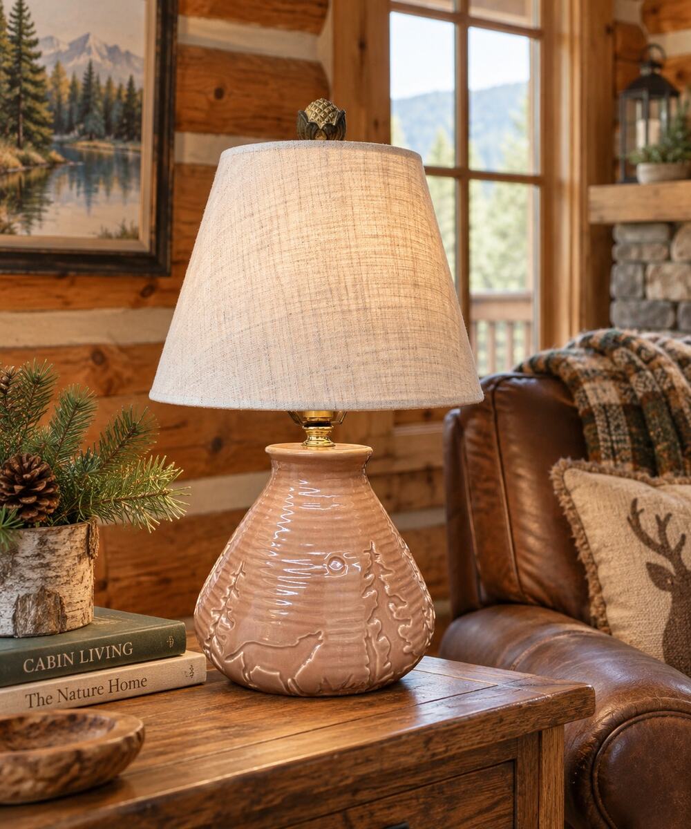 Woodland Ceramic Table Lamp Pine Tree Relief Pinecone Finial Linen Shade 17"